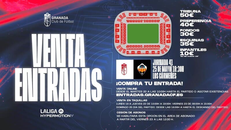 Comienza la venta online de las entradas para el decisivo partido del Granada CF frente al Castellón Entradas a la venta desde las entradas para el decisivo partido del Granada CF frente al Castellón. Imagen: https://www.granadacf.es/