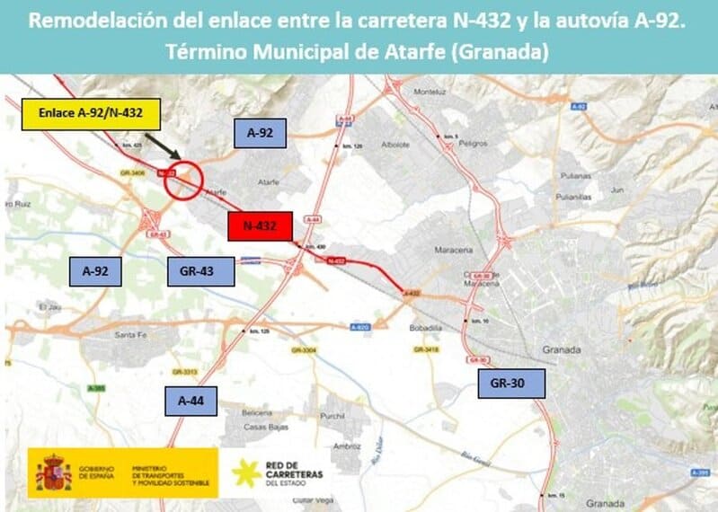 Luz verde para el proyecto de remodelación del enlace de la N-432 con la A-92 en Atarfe Mapa del enlace a reordenar en término de Atarfe - MINISTERIO DE TRANSPORTES