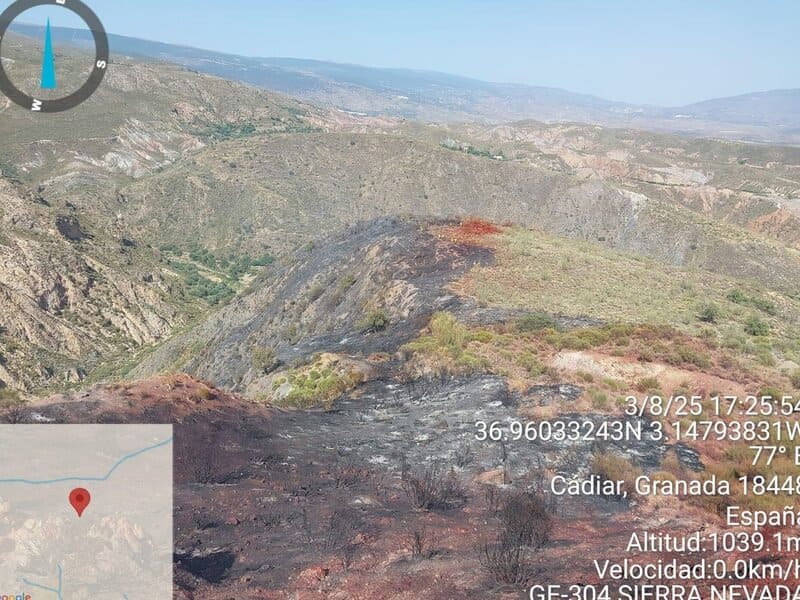 La rápida acción del Infoca frena un incendio en Cádiar antes de que avance Estabilizado el incendio forestal en Cádiar, cerca de la pedanía de Yátor. - PLAN INFOCA