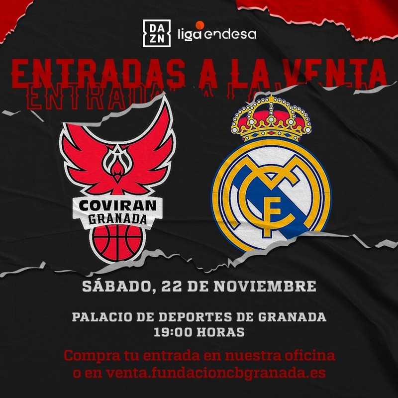 Ya están a la venta las entradas del Coviran Granada para recibir al Real Madrid y Valencia Basket A la venta las entradas para recibir al Real Madrid. Imagen: Fundación CB Granada