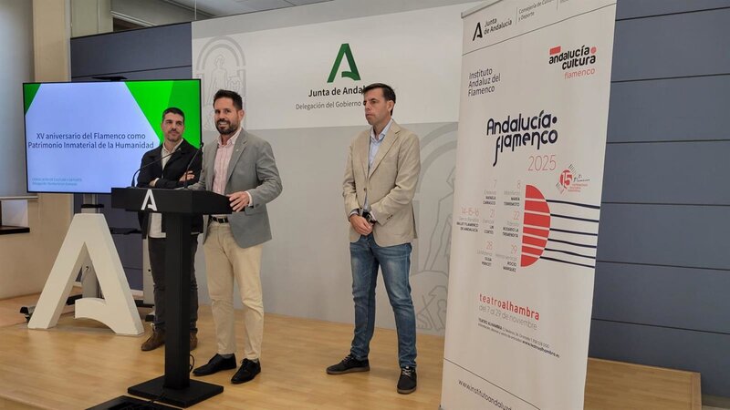 El delegado de Cultura y Deporte, David Rodríguez, y el director del Instituto Andaluz del Flamenco, Cristóbal Ortega, en la presentación del programa de actividades conmemorativo por el XV aniversario del flamenco como Patrimonio de la Humanidad. - JUNTA DE ANDALUCÍA