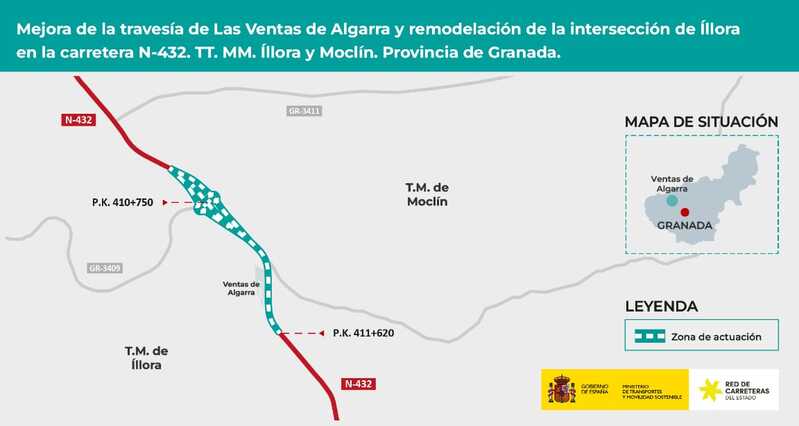 Transportes mejorará la travesía de Las Ventas de Algarra y remodelará la intersección de Íllora en la N 432 Detalle de los tramos afectados. Imagen: Subdelegación del Gobierno