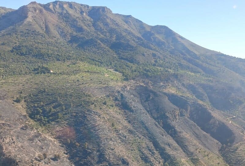 Investigan a un hombre por originar el incendio de Los Guájares en una quema imprudente Vista del área afectada por el incendio en el paraje de Alberca Alta en Los Guájares. - PLAN INFOCA
