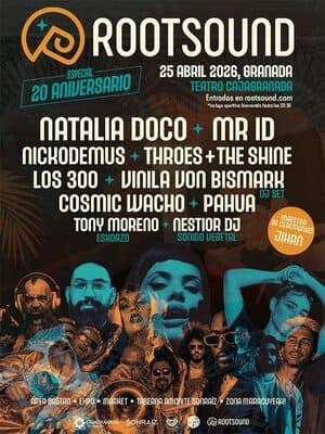 Cartel del evento que conmemora los 20 años de la promotra cultural y agencia de management Rootsound. - THE BORDERLINE PRESS