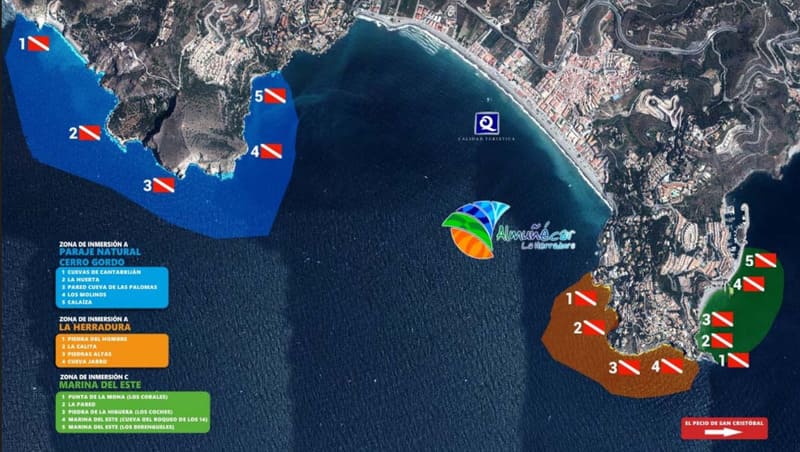Mapa de puntos de inmersión de buceo en Almuñécar. IMAGEN: Patronato de Turismo de Almuñécar y la Herradura (www.visitalmunecar.es)