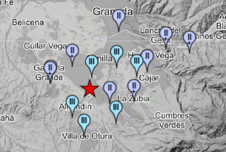 Municipios en los que se ha sentido el terremoto del viernes a las 22.36 horas con epicentro en Ogíjares. IMAGEN. INSTITUTO GEOGRÁFICO NACIONAL