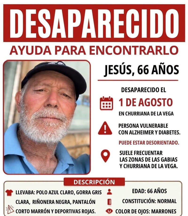Cartel alusivo a la desaparición y búsqueda de Jesús Cantero, vecino de Churriana de la Vega, desaparecido desde este pasado sábado. - FB AYUNTAMIENTO DE CHURRIANA DE LA VEGA