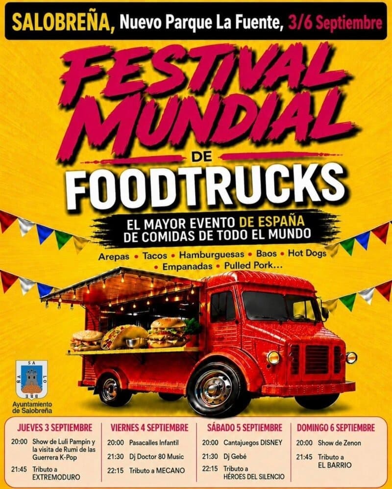 Cartel del II Festival Mundial de Foodtrucks que se celebra en el Nuevo Parque La Fuente de Salobreña del 3 al 6 de septiembre.
- AYUNTAMIENTO DE SALOBREÑA