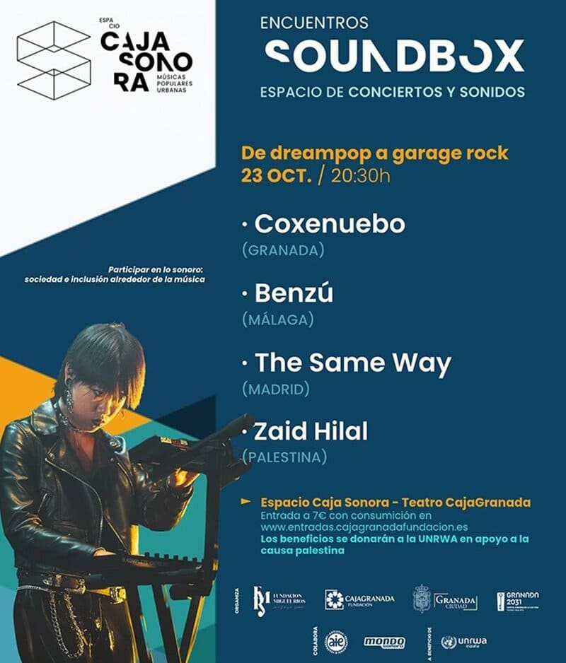 Encuentros Soundbox reúne en Granada a CoxeNuebo (garage rock, Granada), The Same Way (rock indie alternativo, Madrid), Zaid Hila (compositor palestino de múisca tradicional) y Benzú (jangle pop, Málaga) en una noche de música emergente y solidaridad - ENCUENTROS SOUNDBOX / THE BORDERLINE MUSIC